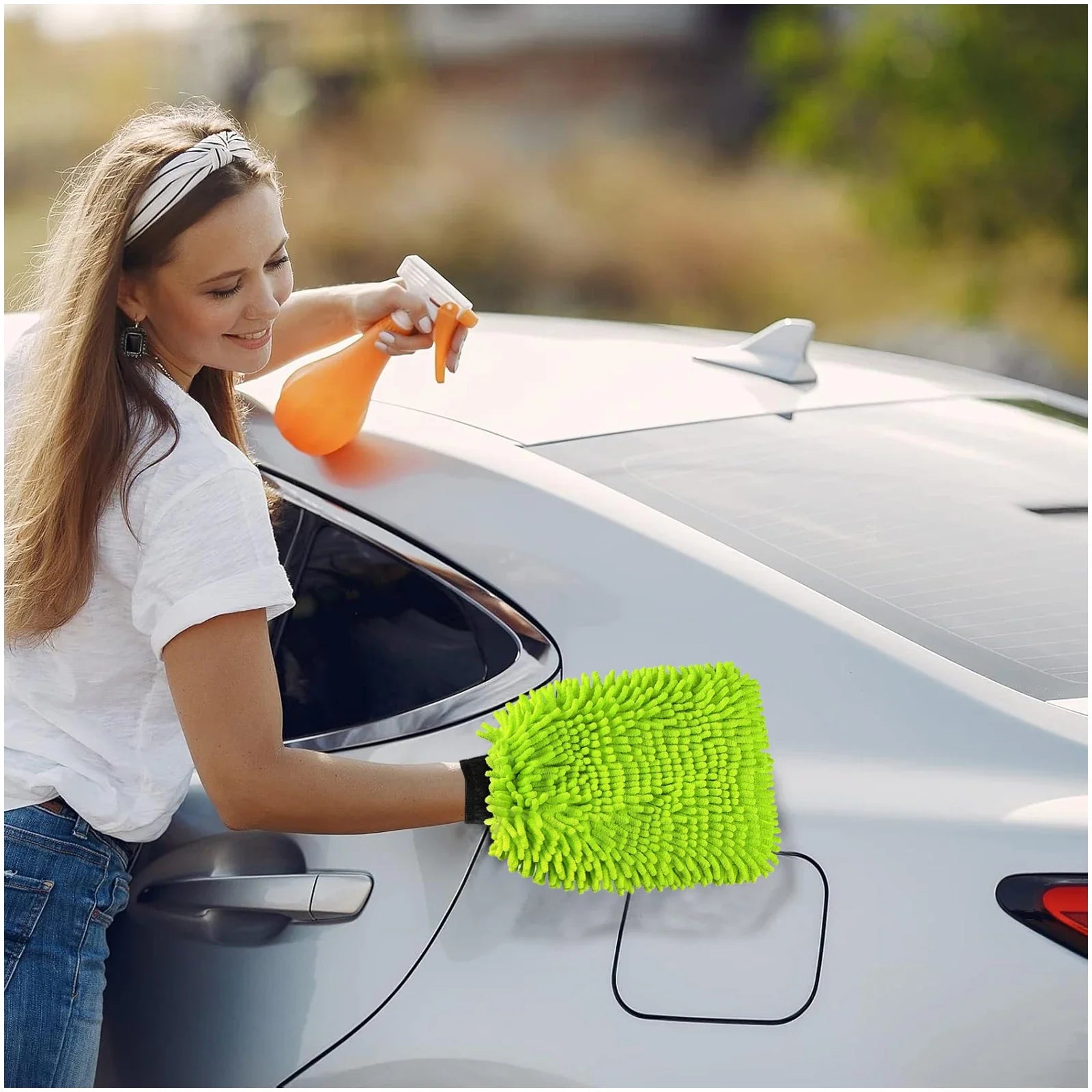 Green microfiber car wash mitt and towel set by Eliteridegear, absorbent for cars, trucks, SUVs, and motorcycles, 2-pack.