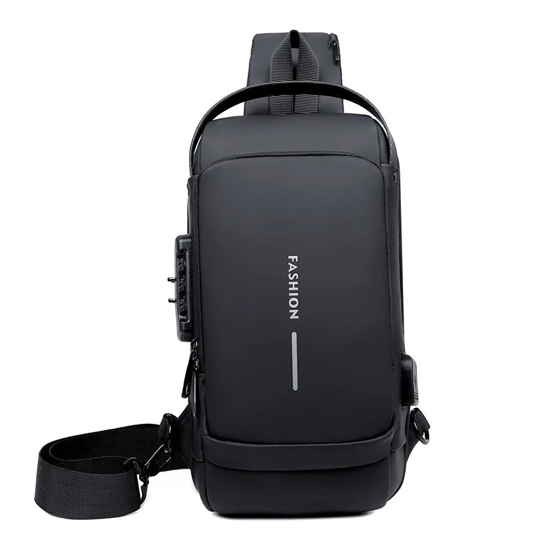 Eliteridegear men's chest bag with password lock, anti-theft design, worn as a waist or crossbody bag for outdoor travel and sports.