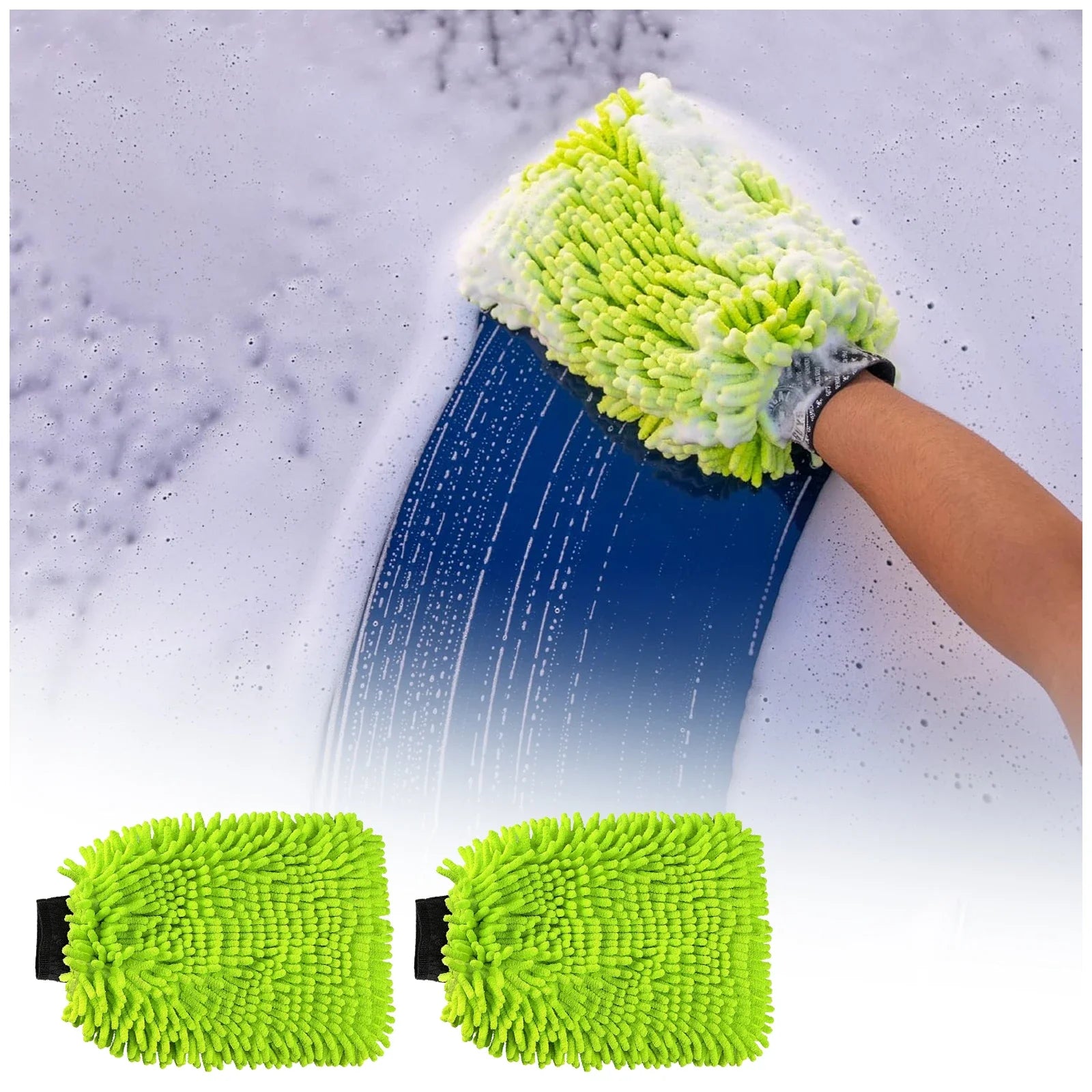 Eliteridegear microfiber car wash mitt and towels in green, absorbent for cars, trucks, SUVs, and motorcycles, 2-pack.