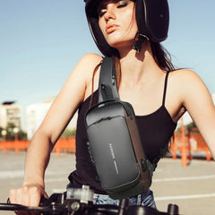 Eliteridegear men's chest bag with password lock, anti-theft design, worn as a biker or travel waist and shoulder bag.