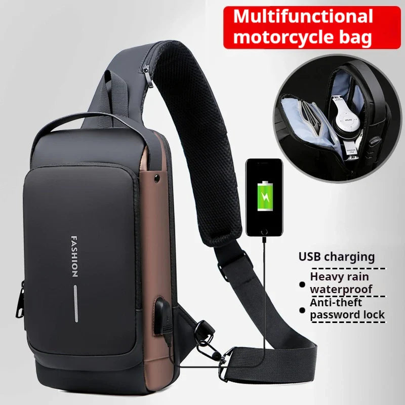 Eliteridegear men's chest bag with password lock, anti-theft design, suitable for biking, running, travel, and outdoor activities.