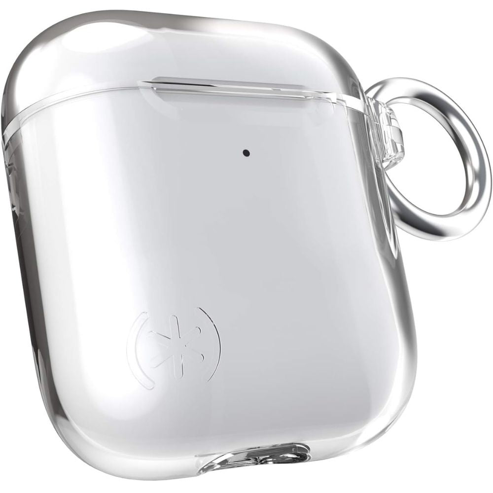 Clear Speck AirPods case by Phone Base for AirPods 1st and 2nd generation, showing the protective transparent cover on AirPods.