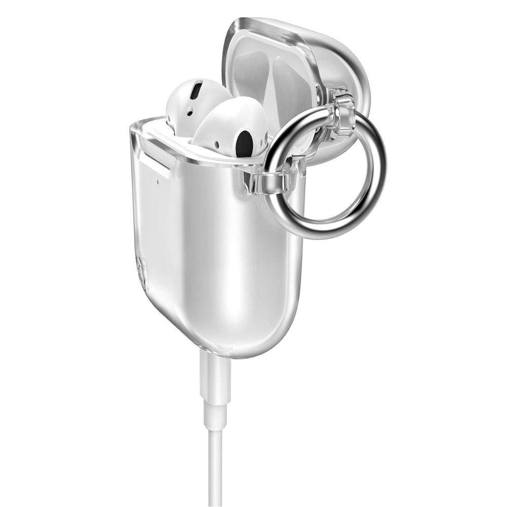 Clear Speck protective case for AirPods 1st and 2nd generation, designed by Phone Base, shown on AirPods.