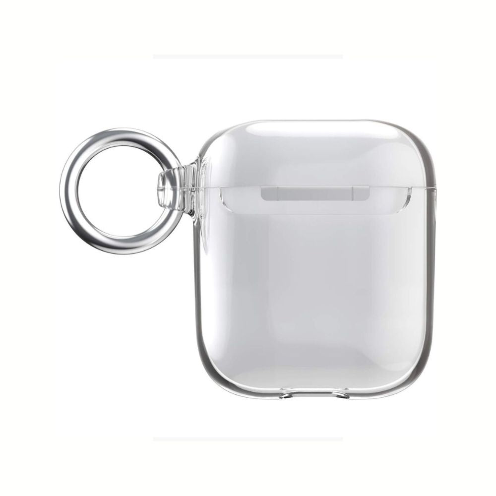 Clear Speck AirPods case for 1st and 2nd generation AirPods, protective transparent cover on white background.