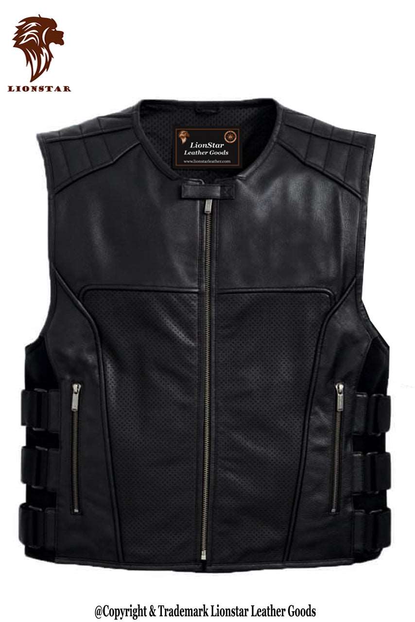 Men's Perforated Tactical Leather Biker Vest | Premium | Breathable | All Sizes XS-4XL