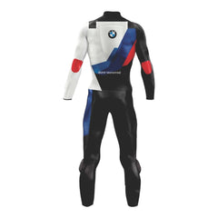 Back view of DAMOTOGEAR Alpino Ultra-BMW white leather racing suit showing detailed stitching and racing design.