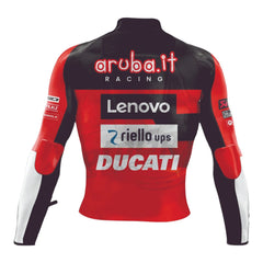 Back view of DAMOTOGEAR Alvaro Bautista Ducati Aruba SBK 2024 race leather jacket featuring racing team logo and sleek black design.