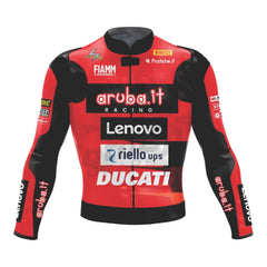 Front view of DAMOTOGEAR Alvaro Bautista Ducati Aruba SBK 2024 race leather jacket with racing logo details.