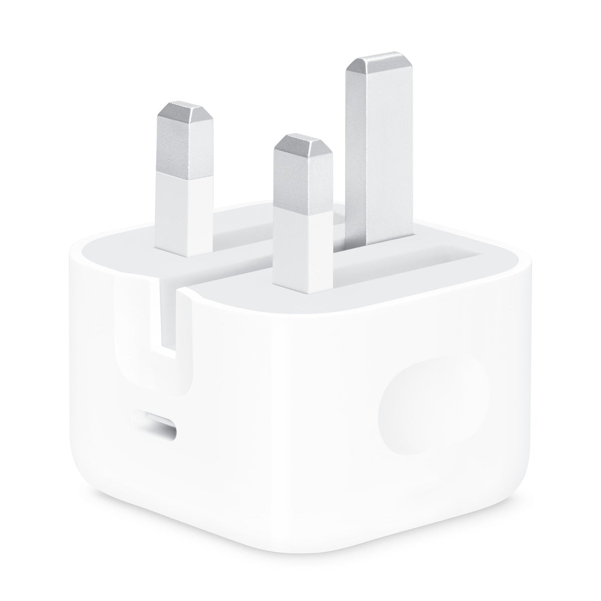 Apple genuine 20W USB-C power adapter plug with compact design, compatible with iPhones and other devices.