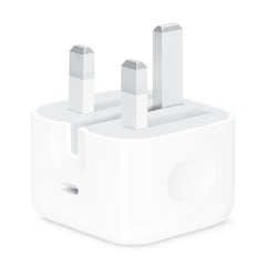 Apple genuine 20W USB-C power adapter plug with compact design, compatible with iPhones and other devices.