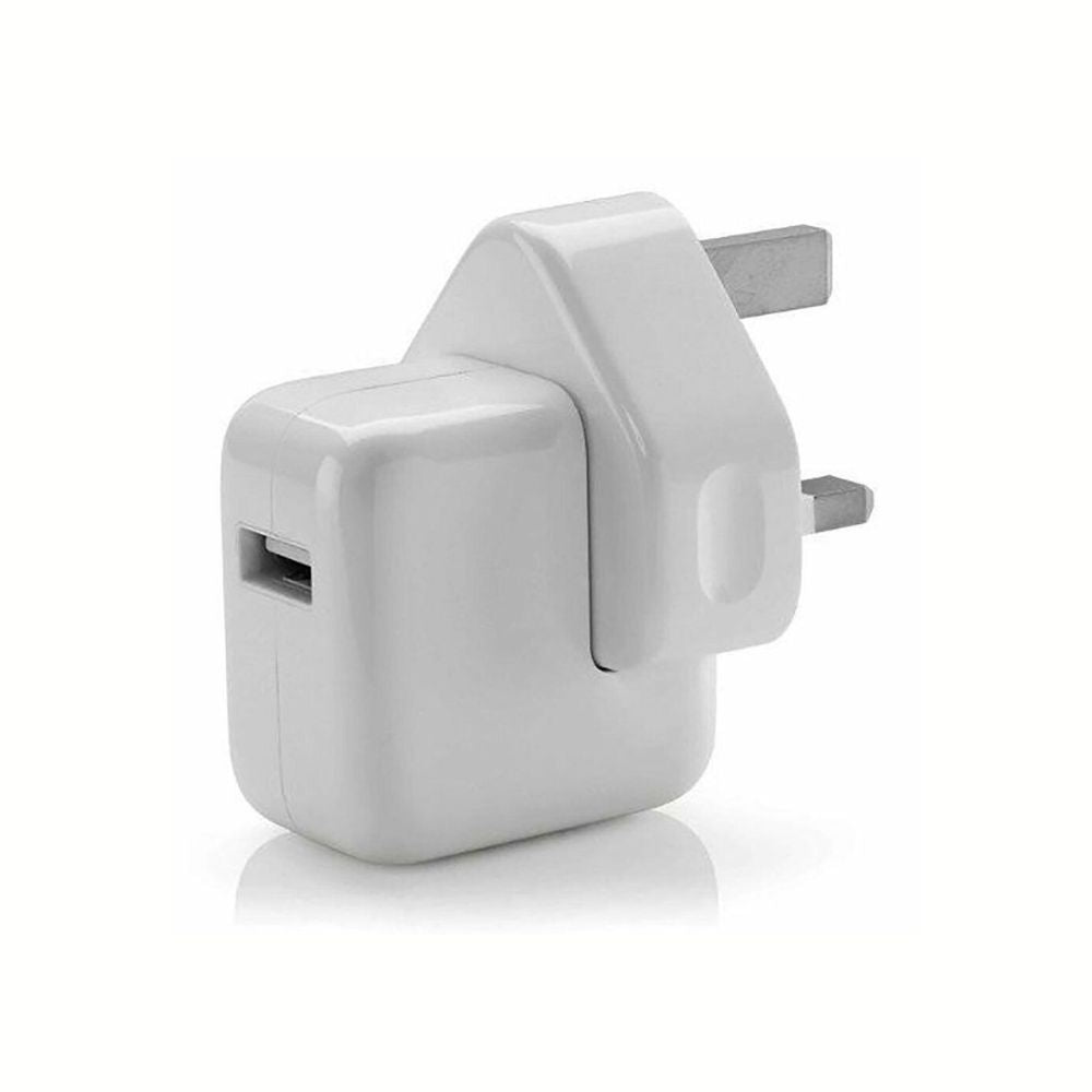 Apple official USB-A power adapter plug for iPads and iPhones, compact fast charger by Phone Base with white plastic casing.