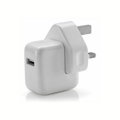 Apple official USB-A power adapter plug for iPads and iPhones, compact fast charger by Phone Base with white plastic casing.
