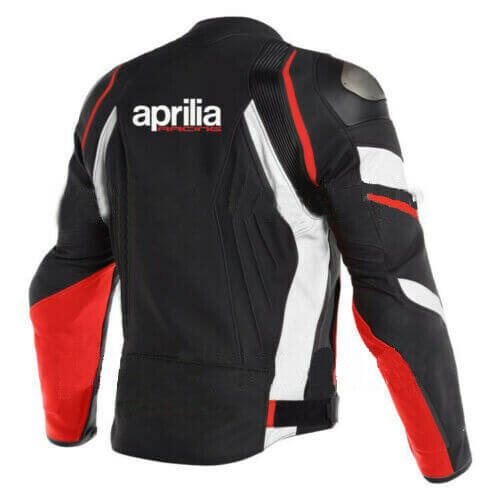 Damotogear Aprilia motorcycle racing leather jacket in black and white with sleek design and racing details.