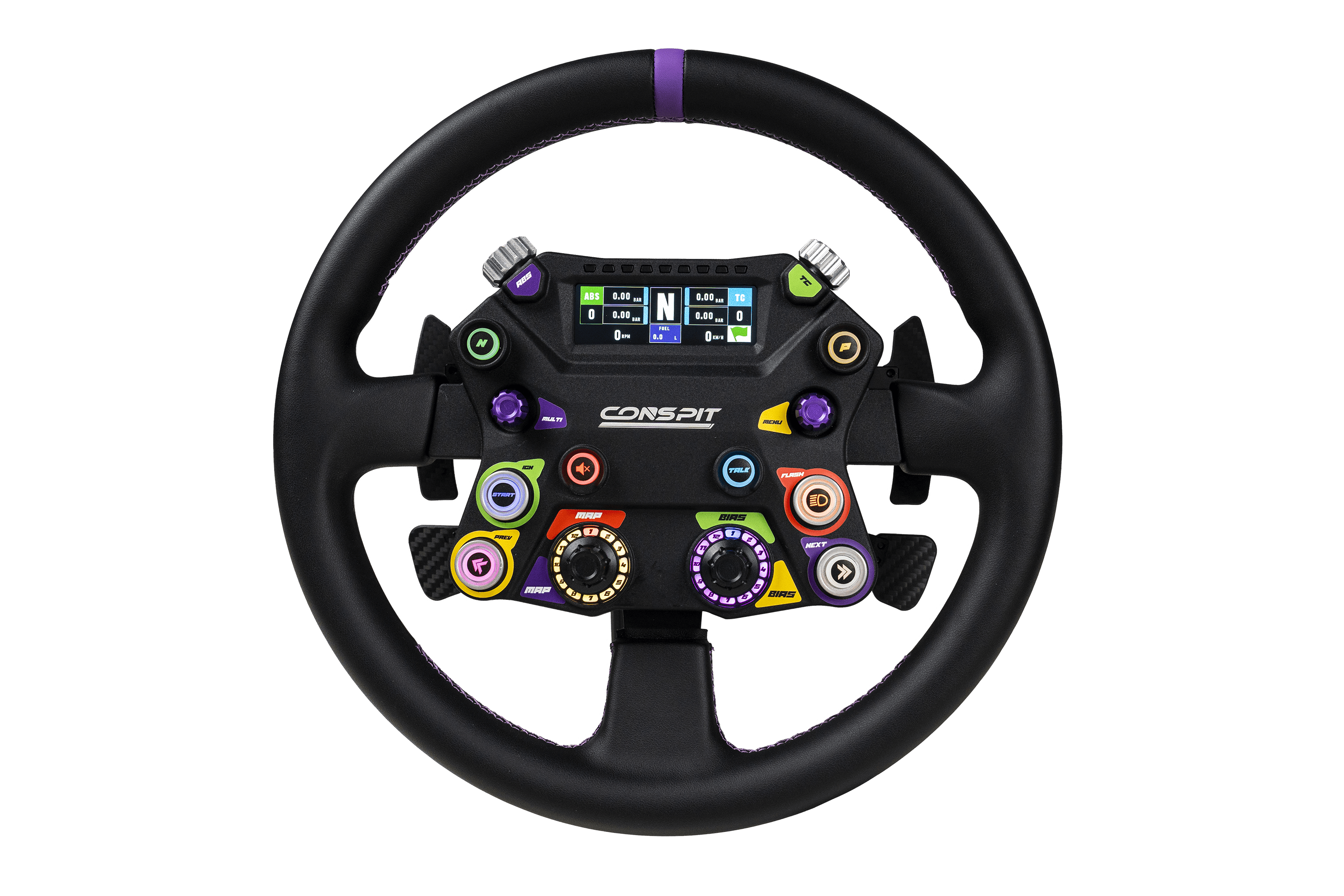 Trak Racer UK Conspit 310 APEX racing steering wheel with base, black and silver design for racing simulation setups.