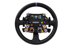 Trak Racer UK Conspit 310 APEX racing steering wheel with base, black and silver design for racing simulation setups.
