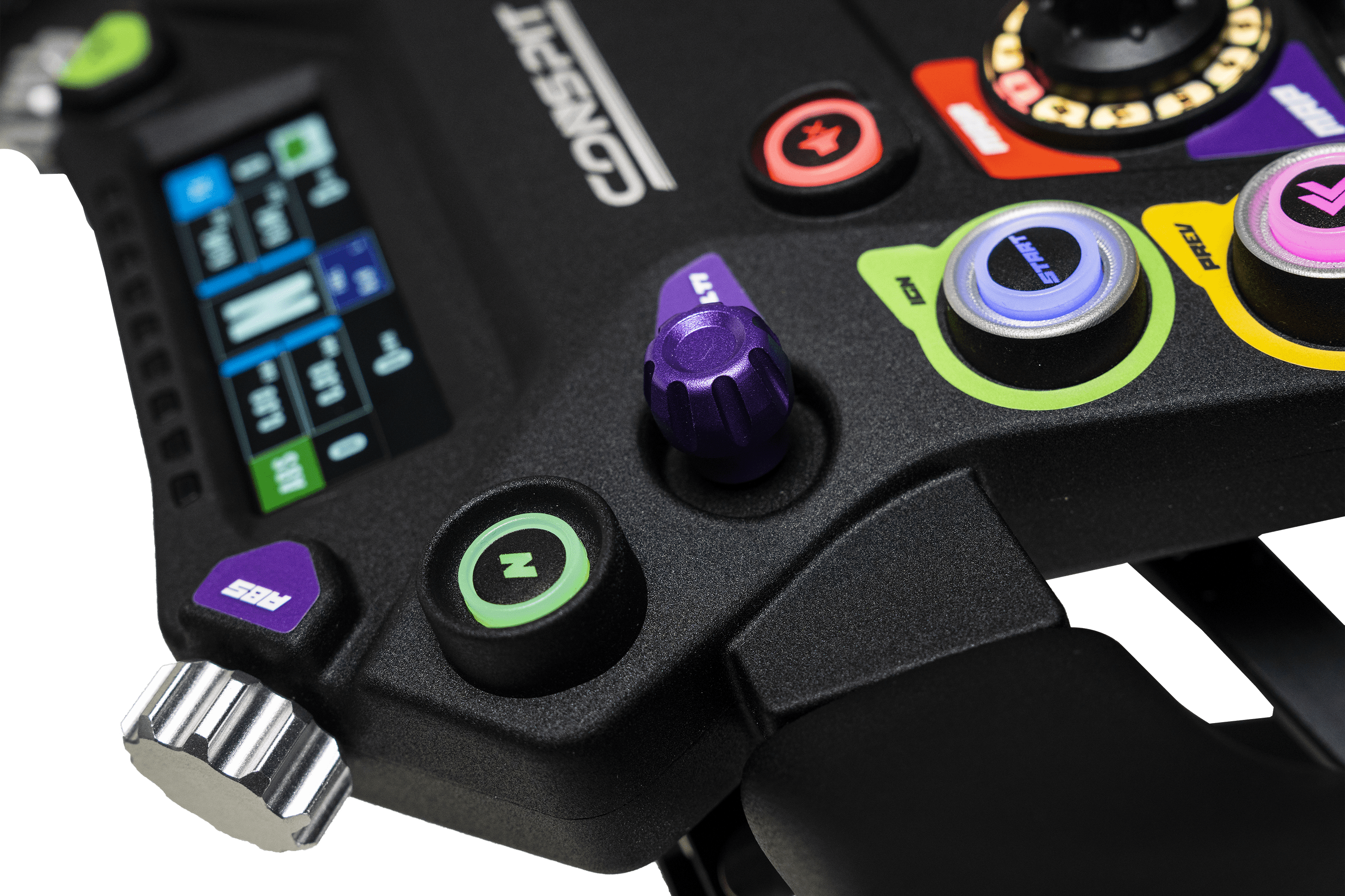 Trak Racer UK Conspit 310 APEX racing steering wheel with base, black with silver accents, designed for simulation racing setups.