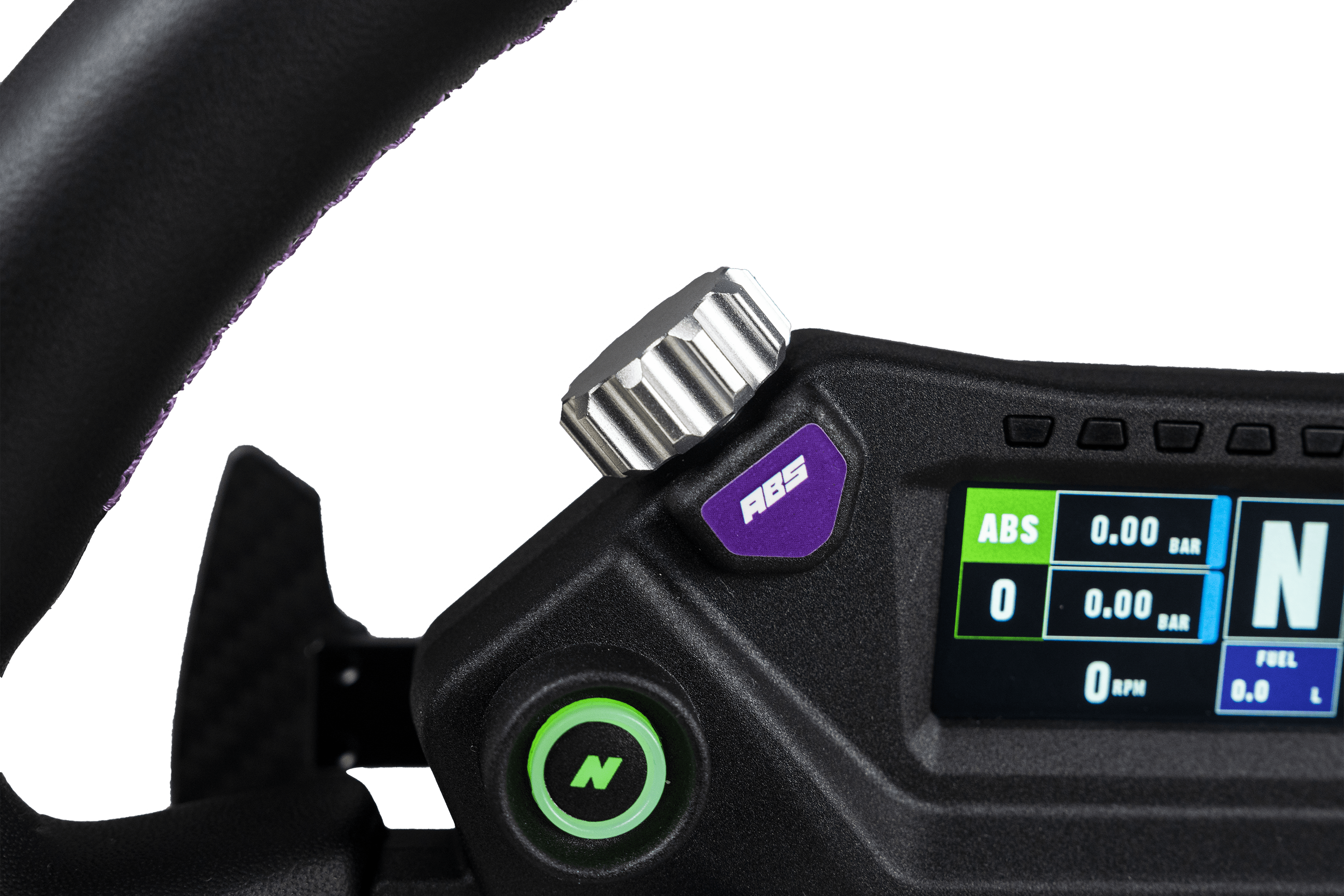 Trak Racer UK Conspit 310 APEX racing steering wheel with base, black and silver design, mounted on a racing simulator setup.