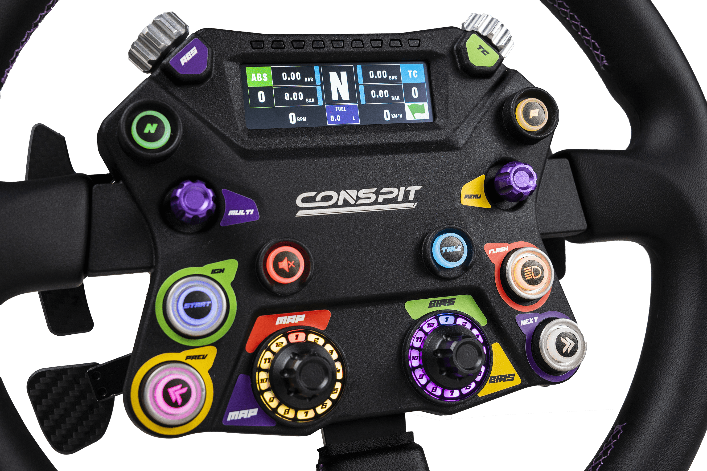 Trak Racer UK Conspit 310 APEX steering wheel with base, showing a close-up of the black racing wheel and mounting hardware.