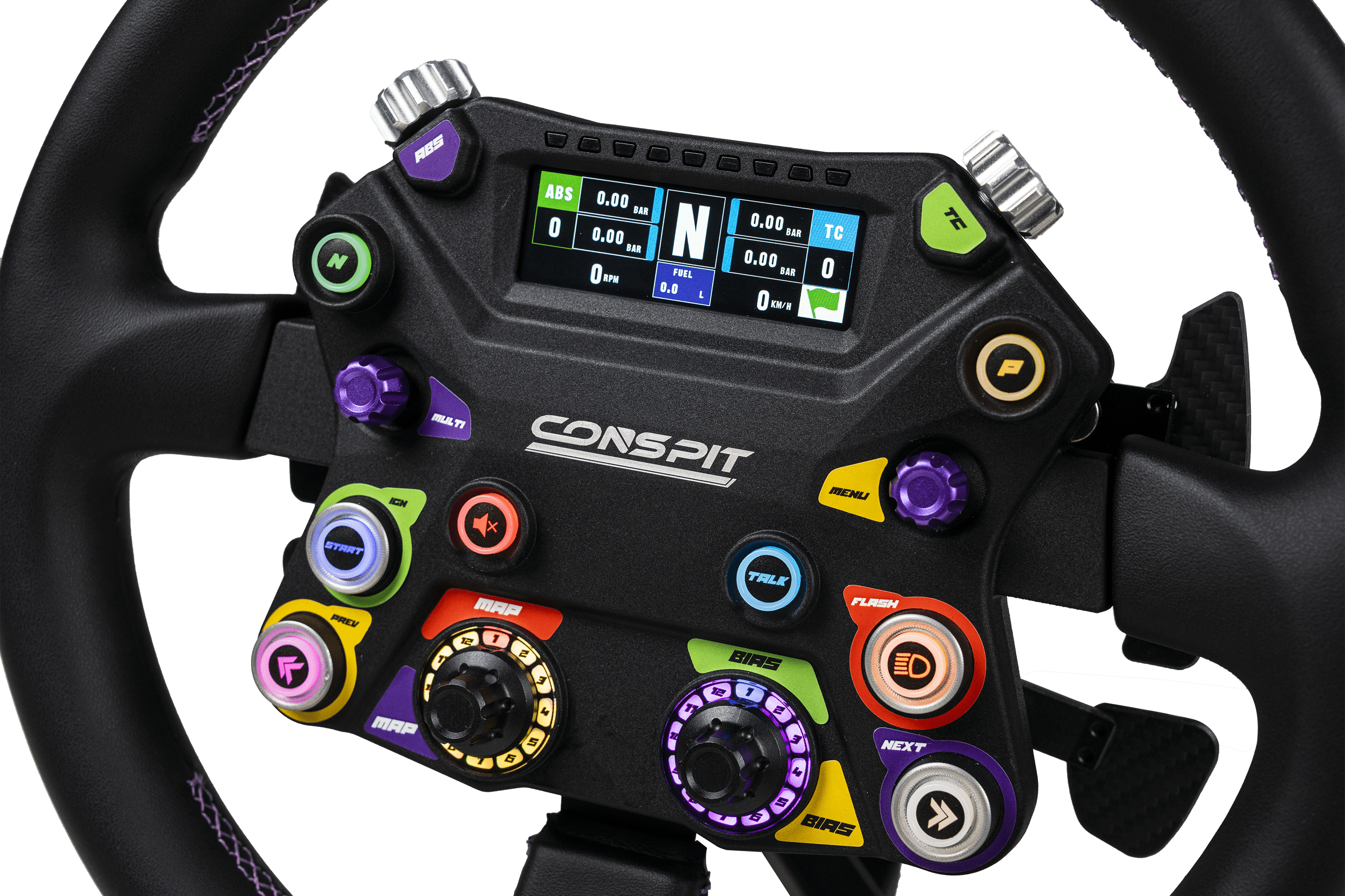 Trak Racer UK Conspit 310 APEX steering wheel with base, ergonomic design for racing simulation setups.
