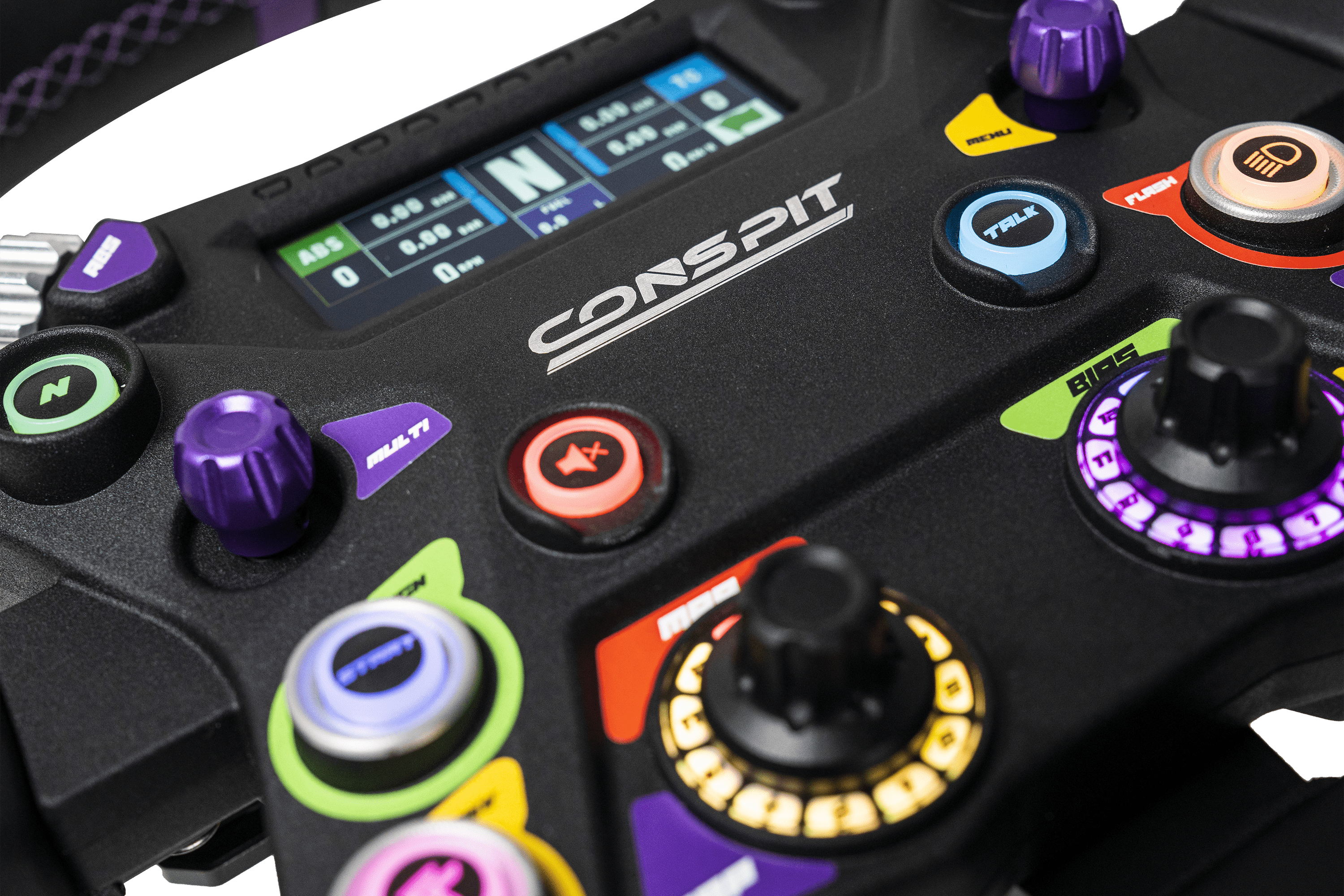 Trak Racer UK Conspit 310 APEX steering wheel and base, black racing wheel with textured grip and adjustable controls.