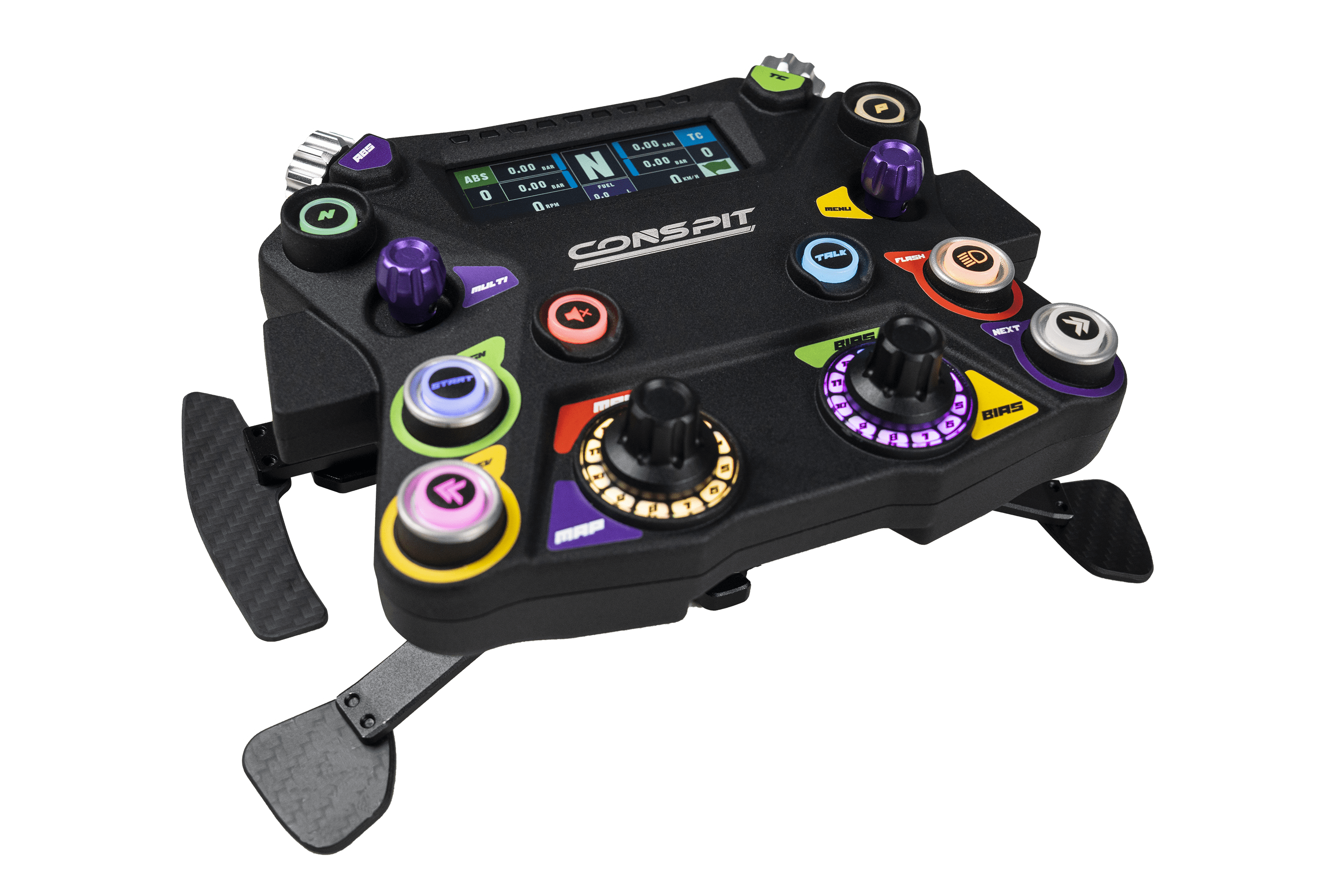 Trak Racer UK Conspit 310 APEX steering wheel and base for racing simulation setups, shown with detailed grips and mounting points.