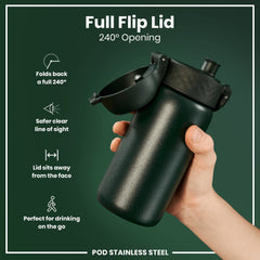 Leak Proof Kids Water Bottle, Stainless Steel, Dark Green, 400ml (13oz)