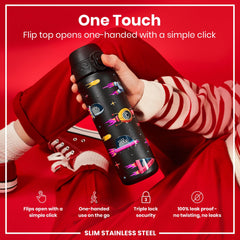 Leak Proof Slim Water Bottle, Stainless Steel, Spaceships, 600ml (20oz)