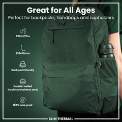 Leak Proof Slim Thermal Water Bottle, Insulated Steel, Dark Green, 500ml (17oz)