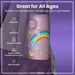 Leak Proof Slim Thermal Steel Water Bottle, Insulated, Unicorns, 500ml (17oz)