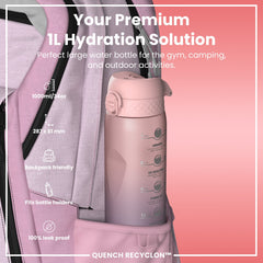Leak Proof 1 Litre Water Bottle with Times to Drink, Recyclon, Purple & Rose, 1L
