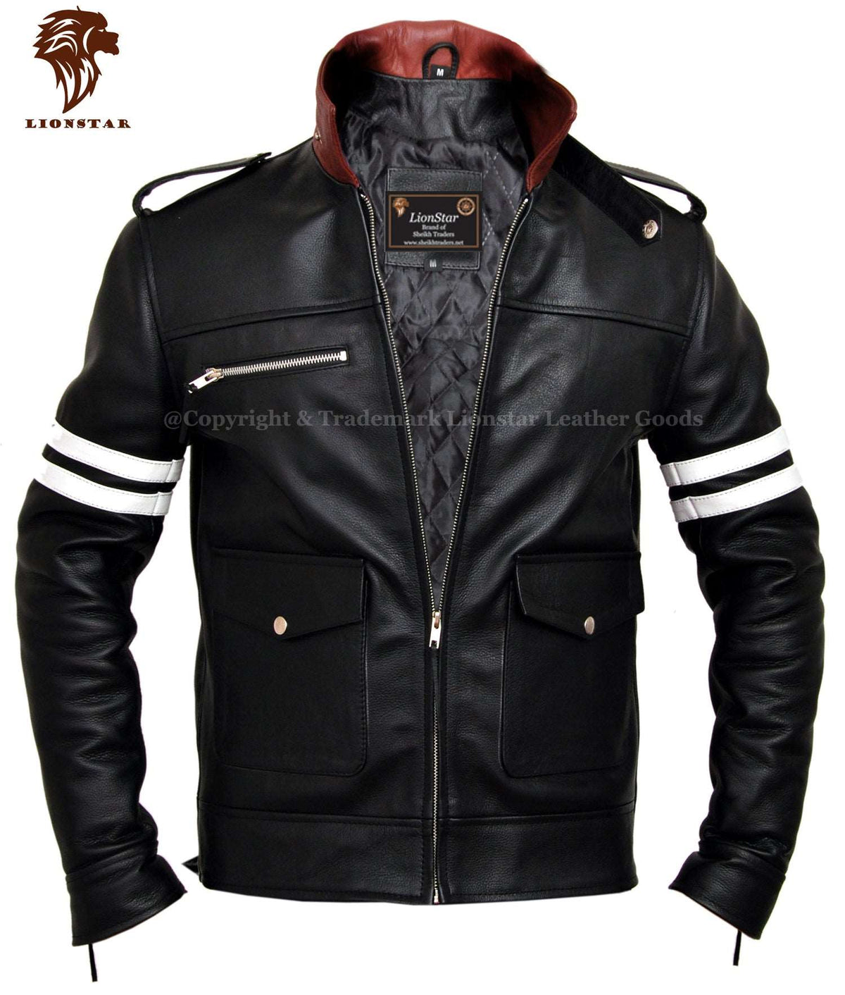 Men's Black & White Stripe Motorcycle Jacket | Premium Cowhide | Cafe Racer Style