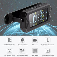 8 Bar Solar Wireless Tire Pressure Monitoring System TPMS 6 External Sensors for 6-wheel Truck Bus, 8Bar
