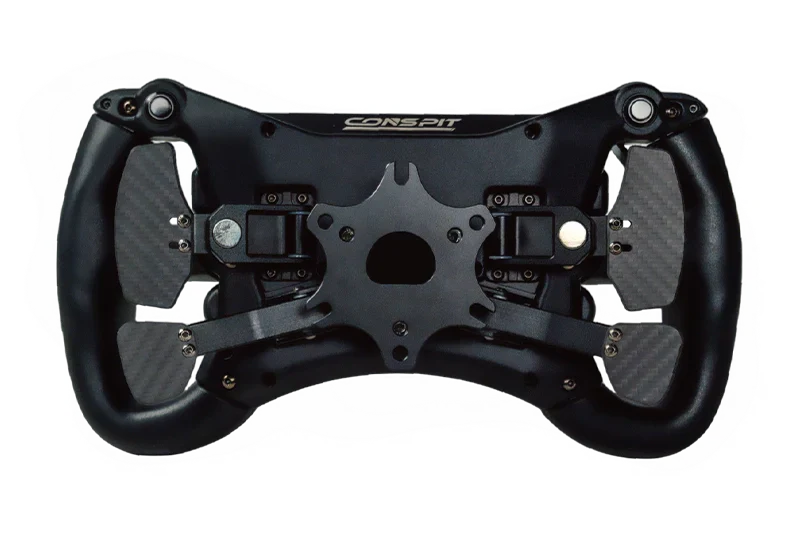 Conspit 300GT Trak Racer UK steering wheel with black grip and metal mounting base, shown from the back view.