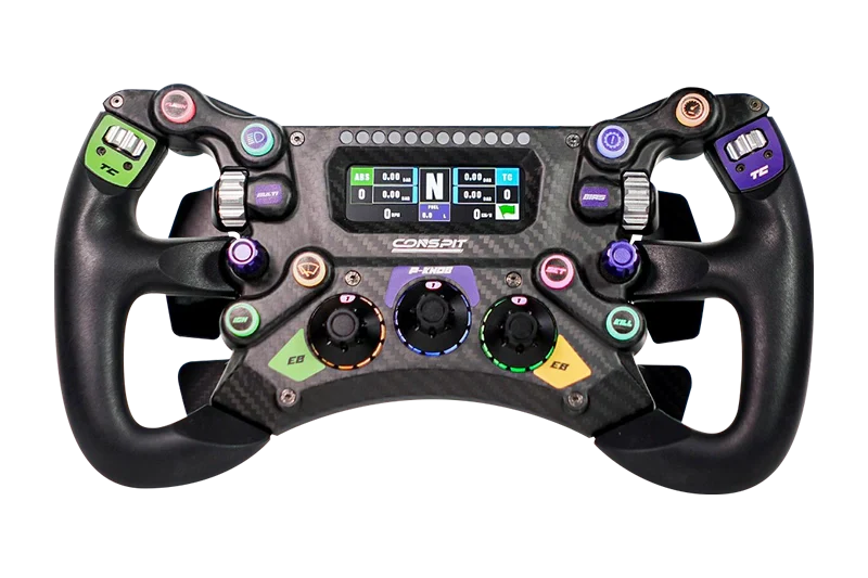 Front view of the Trak Racer UK Conspit 300GT steering wheel with mounting bases, designed for racing simulation setups.