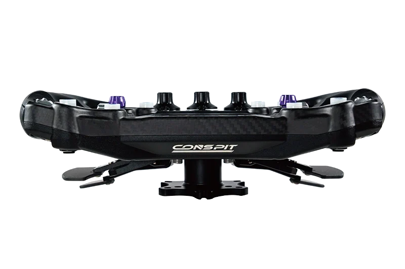 Conspit 300GT steering wheel from Trak Racer UK with a black grip and silver accents, mounted on a steering wheel base.