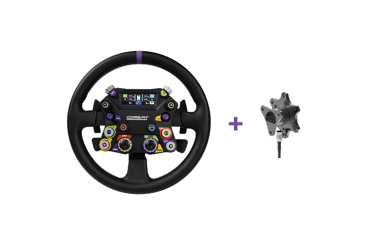 Conspit 310 APEX racing steering wheel and base by Trak Racer UK, ergonomic design for racing simulation setups.