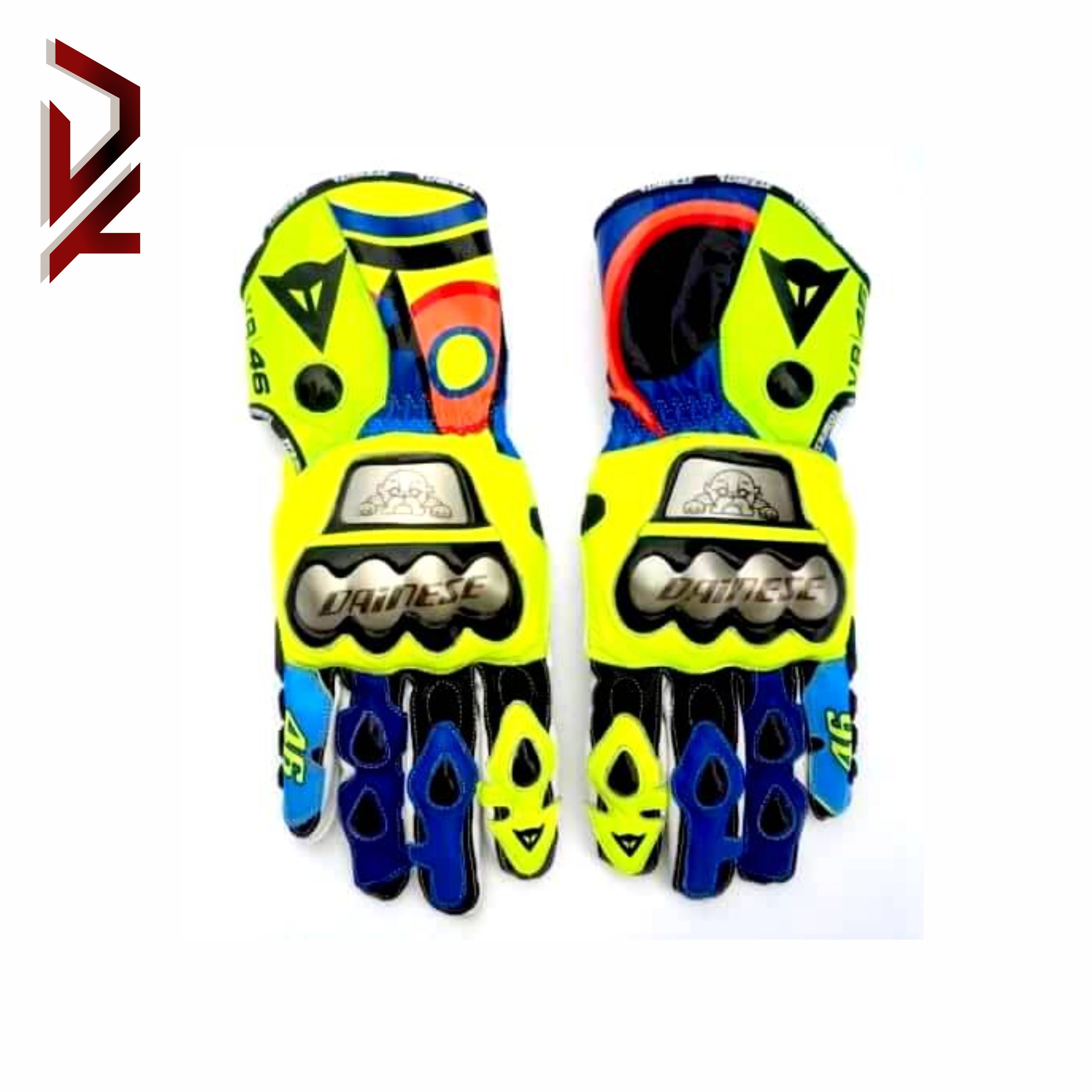 Damotogear DAG 017 Valentino Rossi VR 46 motorcycle gloves, black and red riding gloves with logo and protective features.