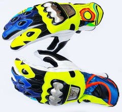 DAMOTOGEAR DAG 017 Valentino Rossi VR 46 motorcycle gloves with protective padding and sporty design, shown on a rider's hands.