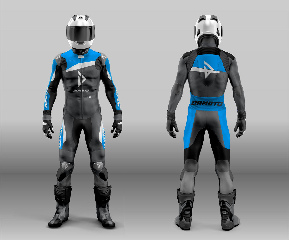 Damotogear Gp Plus V4 Motorcycle Motorbike Leather Suit Black/Blue
