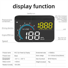 M12 OBD2 + GPS Mode Car Head-up Display HUD Overspeed / Speed / Water Temperature / Low Voltage / Fault Alarm, M12