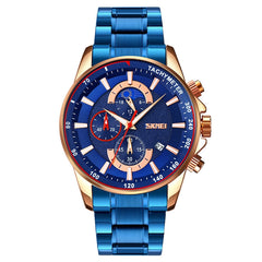 SKMEI 9250 Men Moonphase Stopwatch Date Six Pin Stainless Steel Strap Quartz Watch