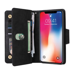 Rivet Buckle 9 Cards Three Fold Leather Phone Case, For iPhone X/XS, For iPhone XR, For iPhone XS Max, For iPhone 11 Pro Max