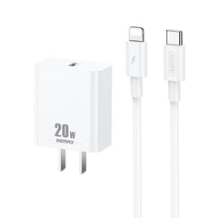 REMAX RP-U5 Extreme 2 Series 20W PD Charger + 1m USB-C / Type-C to 8 Pin Fast Charge Data Cable Set, CN Plug, EU Plug, US Plug