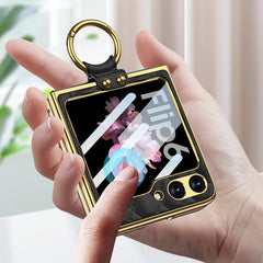 GKK Integrated Plating Diamond Texture PU Phone Case with Ring, For Samsung Galaxy Z Flip6/7 FE, For Samsung Galaxy Z Flip7 5G, For Samsung Galaxy Z Flip5