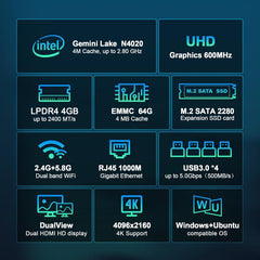 GXMO N42 Windows 11 Intel Gemini Lake N4020C Mini PC NVME SSD WiFi Mini Desktop Computer, 4GB+64GB, 4GB+64GB+256GB