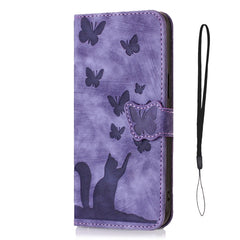 Butterfly Cat Embossing Flip Leather Phone Case, For iPhone 14 Plus, For iPhone 14, For iPhone 14 Pro, For iPhone 14 Pro Max