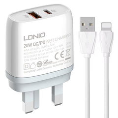 LDNIO Q229 QC3.0 / PD20W USB + Type-C Fast Charger with 1m USB to 8 Pin Cable, EU Plug, UK Plug, US Plug