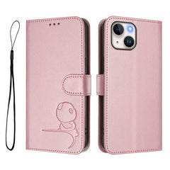 Litter Panda Embossing RFID Leather Phone Case with Lanyard, For iPhone 15, For iPhone 14 Plus, For iPhone 14 / 13, For iPhone 14 Pro