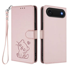Embossed Heart Cat Leather Phone Case with Hand Strap, For iPhone Air, For iPhone 16 Pro Max