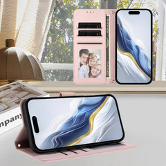 Embossed Heart Cat Leather Phone Case with Hand Strap, For iPhone Air, For iPhone 16 Pro Max